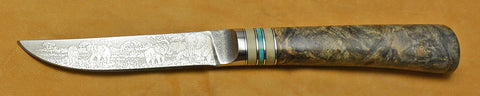 4.5 inch Kitchen Utility Knife with 'Elephants' Etching and Buckeye Burl Handle.