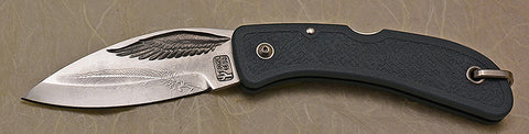 Boye Eagle Wing Lockback Folding Pocket Knife with 'Feather' Etching and Blue Handle.