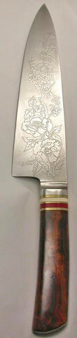 8 inch Chef's Knife with 'Wild Roses' Etching and 'Single Rose' on backside.