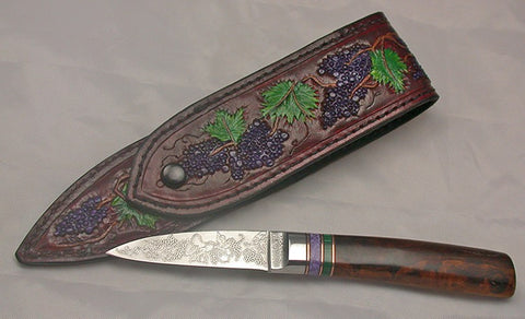 2.5 inch Persona with 'Grapevine' Etching and Matching Hand-Carved Leather Sheath.