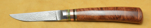3 inch Paring Knife with 'Grizzly' Etching with Amboyna Burl Handle.