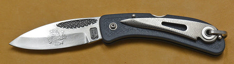 Boye Basketweave Lockback Folding Pocket Knife with 'Haida Fish' Etching, Blue Zytel Handle, & Marlin Spike.