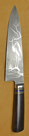 8 inch Chef's Knife with 'Heron' Etching and African Blackwood Handle.