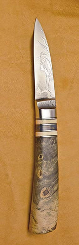 2.5 inch Persona Paring Knife with 'Heron' Etching and Buckeye Burl Handle~2.