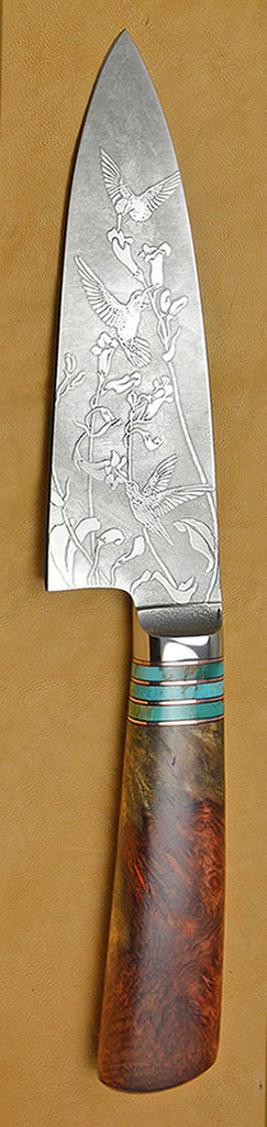6 inch Chef's Knife with '3 Hummingbirds' Etching and Amboyna Burl Handle.