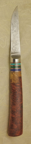 3 inch Paring Knife with 'Hummingbirds' Etching and Amboyna Burl Handle.