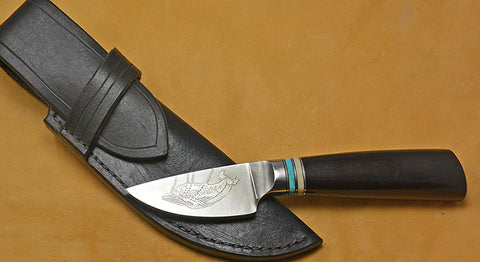 3 inch Dropped Edge Utility Knife with 'Humpback Whale' Etching & African Blackwood Handle.