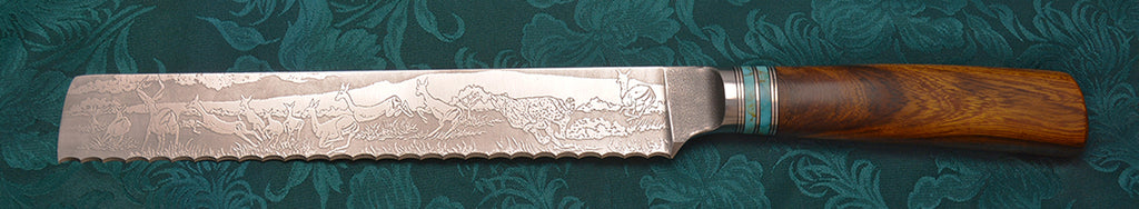 8 inch Bread Knife with 'Cheetahs with Impalas' Etching.