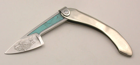Boye Mini-Tweezerlock Folding Knife with 'Koi' Etching & Turquoise Inlay.