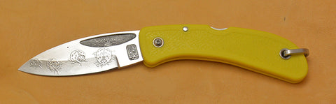 Boye Sunburst Lockback Folding Pocket Knife with 'Ladybugs' Etching and Yellow Handle.