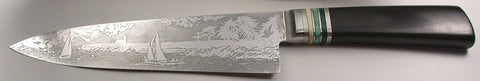 8 inch Chef's Knife with 'Lighthouse with Sailboats' Etching.