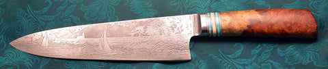 8 inch Chef's Knife with 'Lighthouse with Sailboats' Etching, Amboyna Burl Handle.