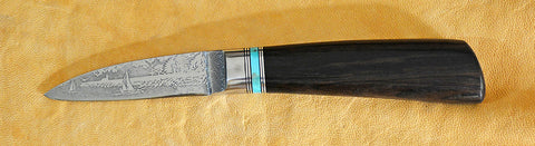 2.5 inch Persona Paring Knife with 'Lighthouse and Sailboats' Etching and Blackwood Handle.