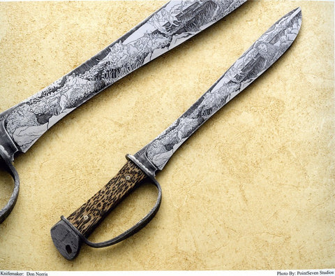 15 inch Damascus Bush Knife by Don Norris with 'Pride of Lions' Etching.