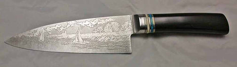 6 inch Chef's Knife with 'Lighthouse with Sailboats' Etching and African Blackwood Handle.
