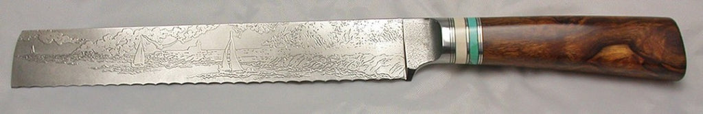 8 inch Bread Knife with 'Lighthouse with Sailboats' Etching.