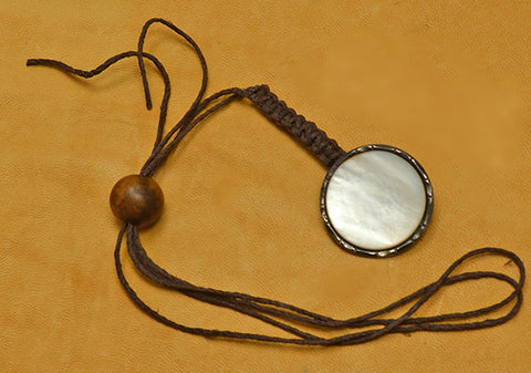 Brown Waxed Hemp Macrame Lanyard with Cream Mother of Pearl and Brass Button.