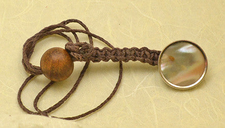 Brown Waxed Hemp Macrame Lanyard with Antique Mother of Pearl and Brass Button.