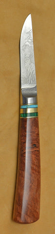 3 inch Paring Knife with 'Mule Deer' Etching with Amboyna Burl Handle.