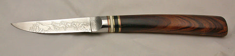 3 inch Paring Knife with 'Mustangs' Etching and Exhibition Ironwood Handle.