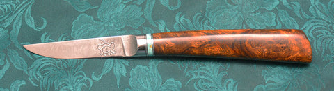 3 inch Paring Knife with Custom Etching and Exhibition Ironwood Handle.