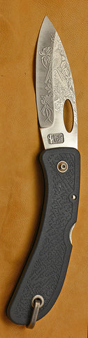 Boye Open Thumb Hole Lockback Folding Pocket Knife with 'Pelican' Etching and Blue Zytel Handle.