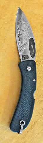 Boye Blue Whale Lockback Folding Pocket Knife with 'Pelican' Etching and Blue Handle.