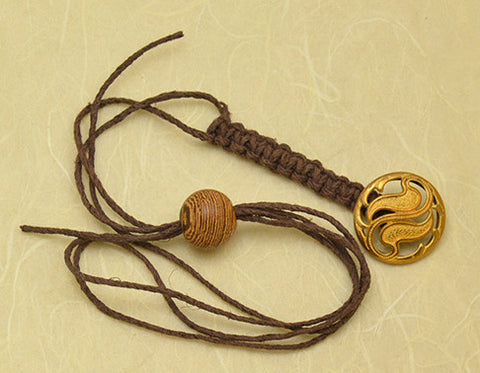 Brown Waxed Hemp Macrame Lanyard with Antique Pierced Brass Paisley Button.