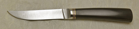 4.5 inch Kitchen Utility Knife with Plain Etched Blade, Mokume Artstone Ringset, and African Blackwood Handle.