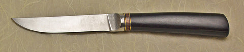 4.5 inch Kitchen Utility Knife with Plain Etched Blade, Mokume Artstone Ringset, and African Blackwood Handle.