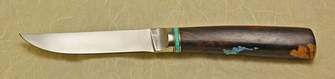 4.5 inch Kitchen Utility Knife with Plain Etched Blade and Exhibition Ironwood Handle with Turquoise Chip Inlay.