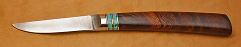 3 inch Paring Knife with Plain Etched Blade and Brass, Turquoise, & Ironwood Handle.