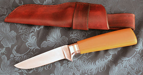 4 inch Dropped Point Hunter with Plain Etched Blade and Westinghouse Bleached Linen Micarta Handle.