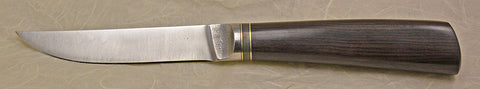 4.5 inch Kitchen Utility Knife with Plain Etched Blade, Smoke/Gold Mokume Artstone, and African Blackwood Handle.