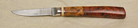 3 inch Paring Knife with Plain Etched Blade and Amboyna Burl Handle.