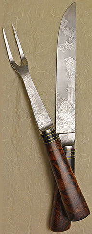 8 inch Carving Set with 'Ravens' Etchings and Ironwood Burl Handles.