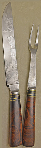8 inch Carving Set with 'Ravens' Etchings and Ironwood Burl Handles.