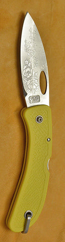 Boye Open Thumb Hole Lockback Folding Pocket Knife with 'Wild Roses' Etching and Yellow Zytel Handle.