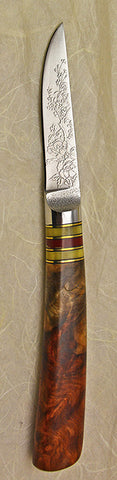 3 inch Paring Knife with 'Wild Roses' Etching and Amboyna Burl Handle.