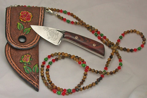 Boye Sub-Basic with 'Single Rose' Etching, Cocobolo Handle and Hand-Carved Sheath with Gemstone Neckstrap.