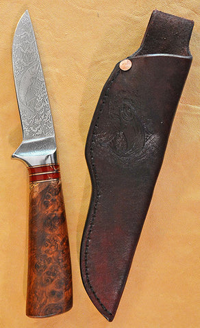 4 inch Dropped Point Hunter with 'Salmon' Etching and Amboyna Burl Handle.