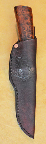 4 inch Dropped Point Hunter with 'Salmon' Etching and Amboyna Burl Handle.