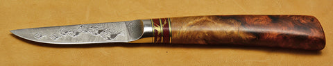 3 inch Paring Knife with 'School of Fish' Etching with Amboyna Burl Handle.