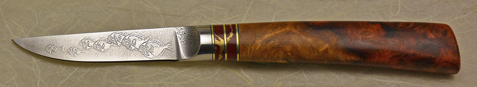 3 inch Paring Knife with 'School of Fish' Etching with Amboyna Burl Handle.