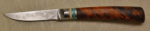 3 inch Paring Knife with 'School of Fish' Etching and Ironwood Burl Handle.
