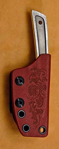 Boye Basic 1 with 'Scroll' Etching and Red Kydex Sheath with Laser Design.