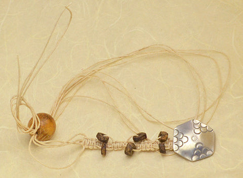 Natural Waxed Hemp Macrame Lanyard & Antique Hexagon Design Silver Button with 6 Ancient Stone Beads