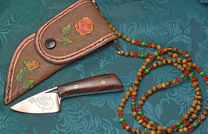 Boye Sub-Basic with 'Single Rose' Etching, Cocobolo Handle and Hand-Carved Sheath with Gemstone Neckstrap.
