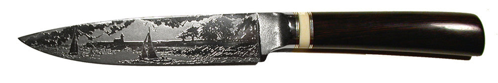 5.75 inch Slicing Knife with 'Lighthouse with Sailboats' Etching.
