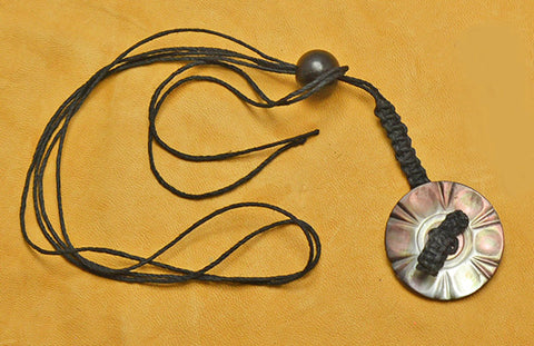 Black Hemp Macrame Lanyard with Carved Smokey Mother of Pearl Button.